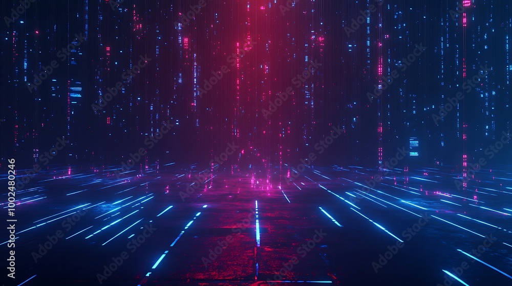 Poster abstract digital background with neon lines and glowing particles, creating a futuristic atmosphere.