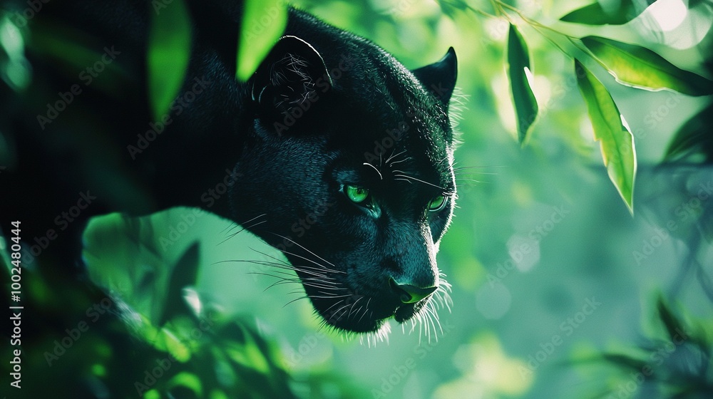 Poster   A sharp image of a black feline with emerald eyes, surrounded by foliage in the foreground and lush greenery behind