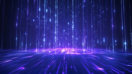 Abstract digital background with vibrant blue and purple light streaks, creating a sense of depth and motion.