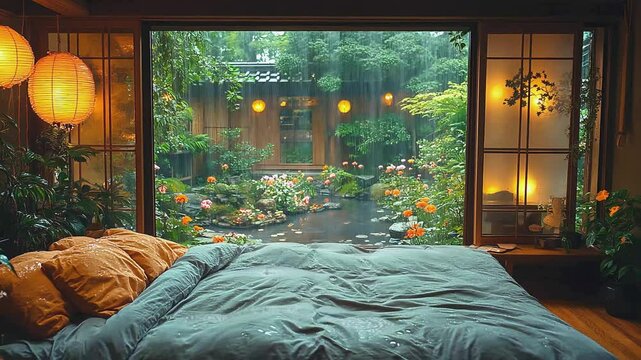 A cozy bed with a view of a rainy garden, framed by a window with lanterns and plants.