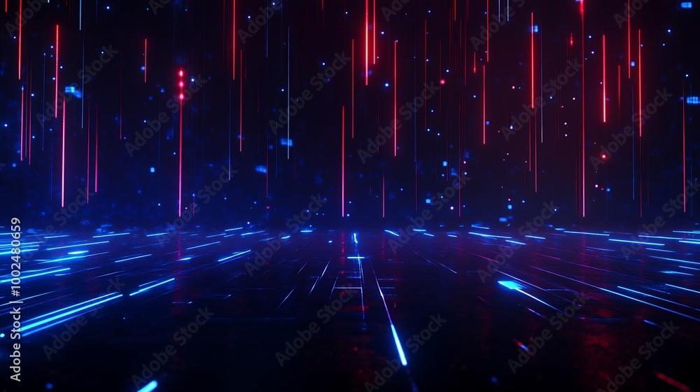 Poster abstract digital background with vibrant blue and red light streaks creating a dynamic atmosphere.