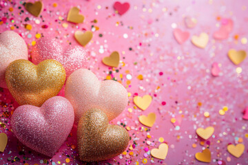 Fototapeta premium Colorful glitter hearts and confetti on a pink background for festive celebrations