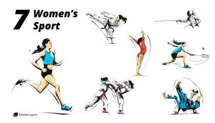 Dynamic Set of Women's Sports - Vector Illustration