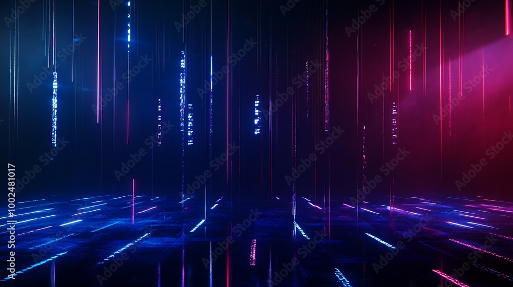 Poster abstract digital background with vibrant neon lights, lines creating depth and motion, suitable for 