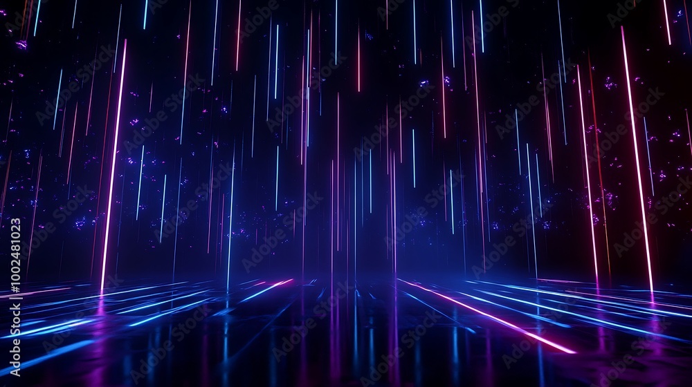 Poster abstract digital background with vibrant neon light beams and reflections, creating a dynamic visual