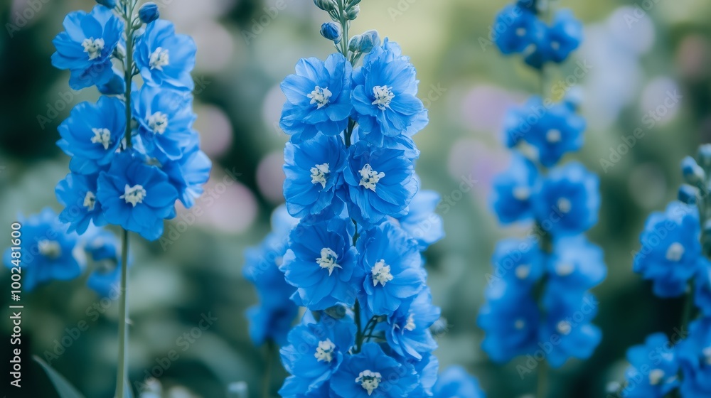 Poster Vibrant blue delphinium flowers blooming in a serene garden during the summer season