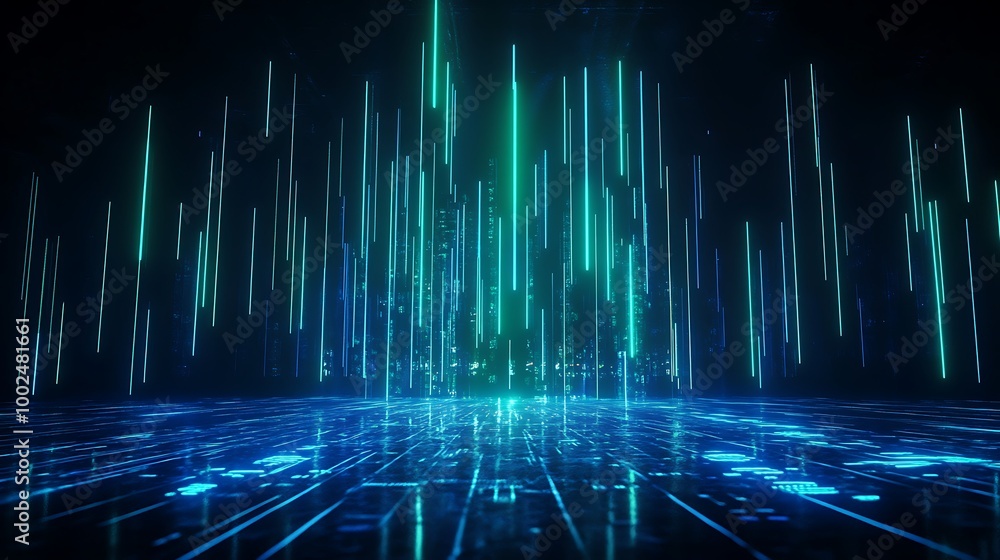 Poster abstract digital landscape with glowing lines and patterns in vibrant colors, representing futuristi