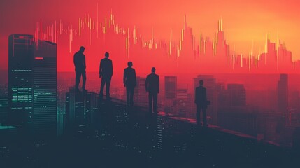 A group of people are standing on a rooftop in a city with a red sky in the back