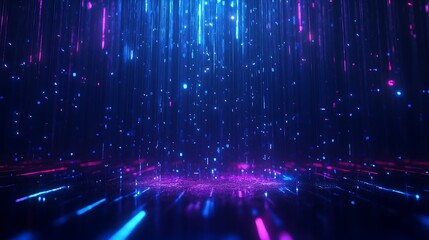 Fototapeta premium Abstract digital landscape with glowing lines and particles in vibrant colors.