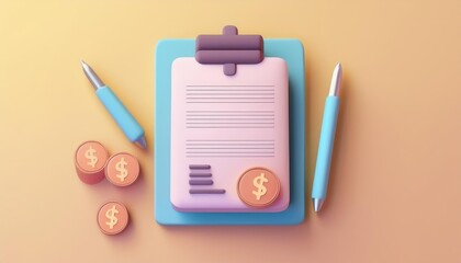 Colorful clipboard with pens and coins, ideal for finance and documentation themes, on a soft pastel background.