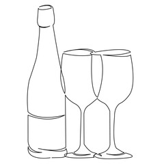 One continuous single drawing line art doodle alcohol, wine, isolated, champagne, glass. Isolated flat illustration hand draw contour on a white background
