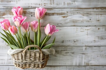 Obraz premium Basket of Pink Tulips Against a Rustic White Wooden Background, Symbolizing Springtime Beauty, Simplicity, and Rustic Charm