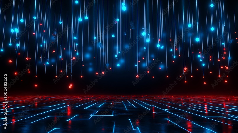 Poster abstract futuristic background with glowing blue and red lights, creating a digital atmosphere in a 