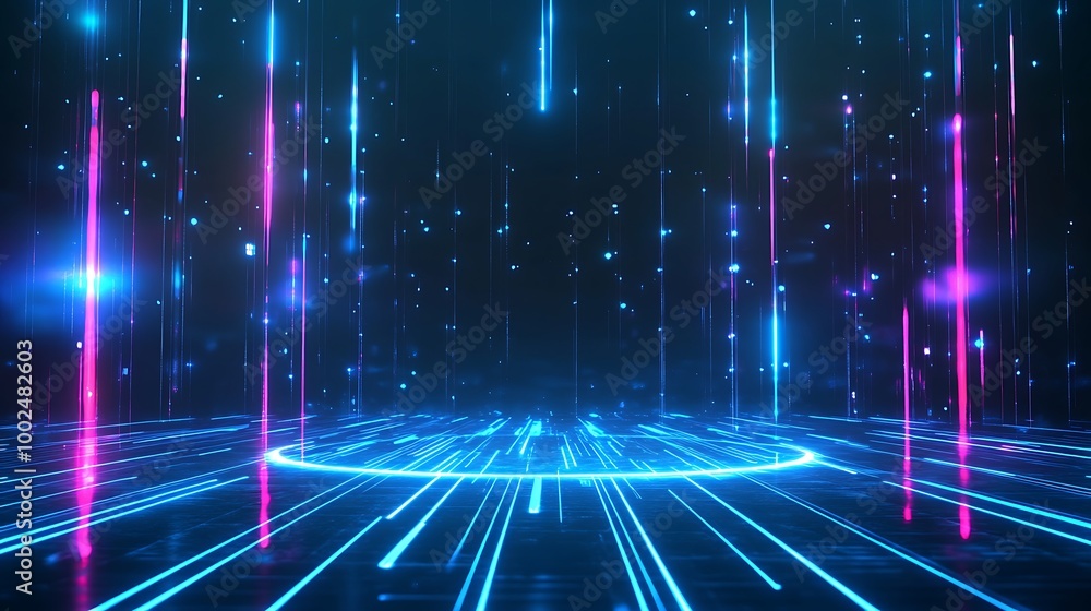 Poster abstract futuristic background with vibrant blue and pink glowing lines. digital art with dynamic li