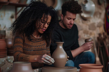 Generative AI photo craftsman shaping clay pot on spinning wheel in pottery studio surrounded by ceramic pieces