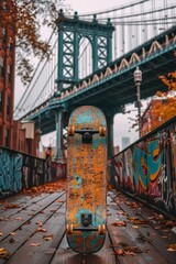Urban skateboard mockup against a colorful graffiti wall showcasing street art vibe