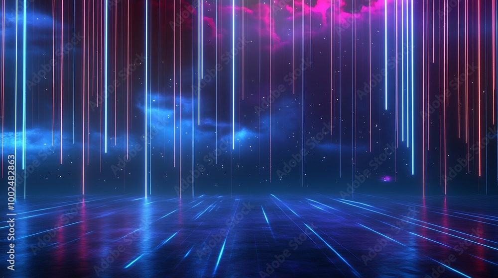 Poster abstract futuristic background with vibrant neon lines and reflections creating a mesmerizing visual