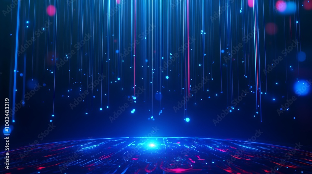 Poster abstract glowing lines and particles with blue and pink hues on a dark background, creating a futuri