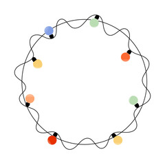 Decoration garland lights on circle frame. Colorful light bulbs on a wavy rope. Vector design element for web, social media, christmas card, poster, flyer.