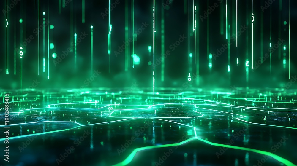 Poster abstract green digital background with glowing lines and particles, perfect for futuristic themes.