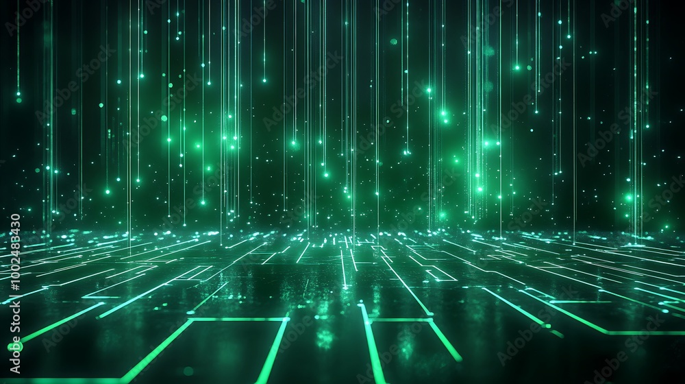 Poster abstract green digital data streams with glowing particles, creating a futuristic and immersive back