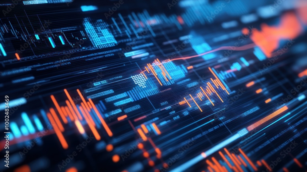 Aufkleber Abstract Digital Interface with Blue and Orange Glowing Lines and Data