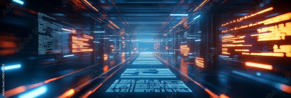 Poster Futuristic digital tunnel with glowing code on walls. Concept of advanced data processing and virtual technology.