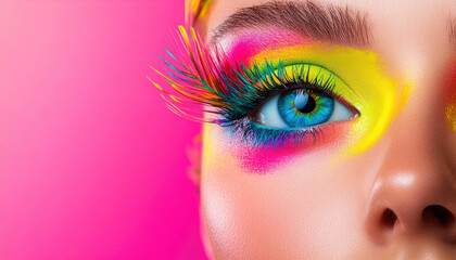 fashion portrait of a woman with Colorful Makeup Close-Up on Bright pink Background