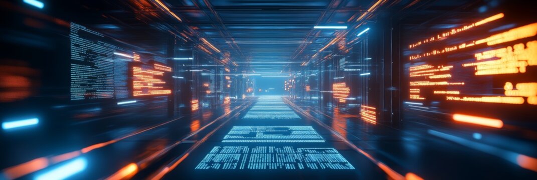 Futuristic digital tunnel with glowing code on walls. Concept of advanced data processing and virtual technology.