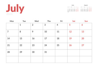 Monthly page Calendar Planner Template of July 2025. Vector layout of calendar with week start Monday for Scheduling. Page for size A4 or 21x29.7 cm