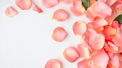 Delicate pink rose petals scattered on a soft white surface for a serene decorative display