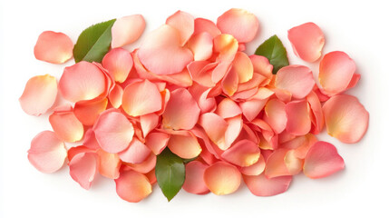 Fototapeta premium Soft pink rose petals scattered with green leaves on a white background