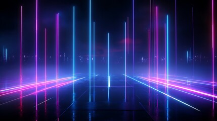 Abstract neon light beams creating a vibrant, futuristic atmosphere on a dark background.