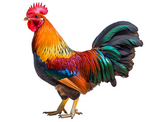 Fototapeta premium Cock with vibrant plumage, looking sideways attentively, isolated on white background