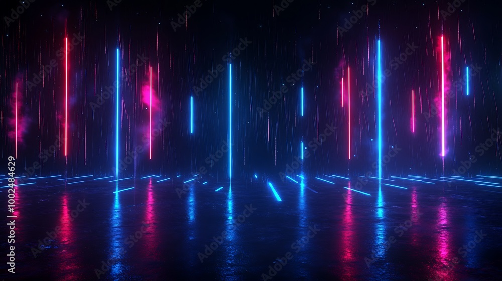Poster abstract neon light installation with vivid colors creating a dynamic atmosphere.