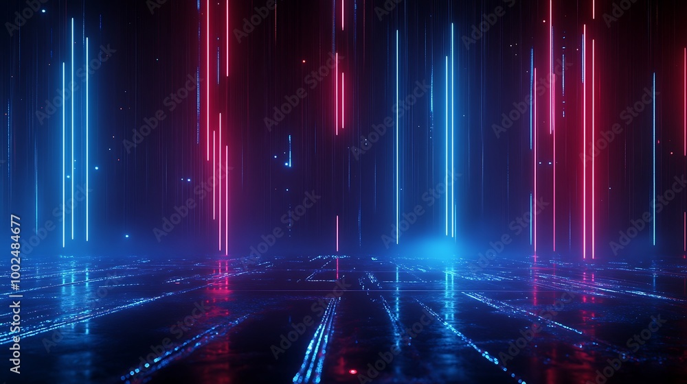 Poster abstract neon light lines with reflections on a dark surface, creating a futuristic atmosphere for c