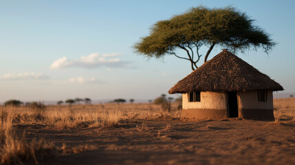 A small hut with a thatched roof sits in a desert  in Africa. The hut is surrounded by a dry, barren landscape