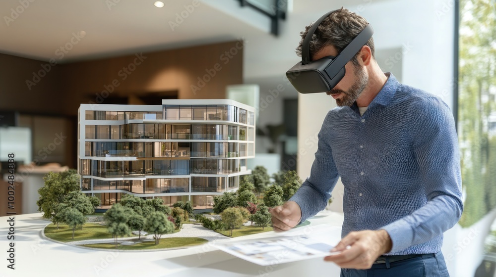 Aufkleber Man in VR headset examining a scale model of a modern apartment building