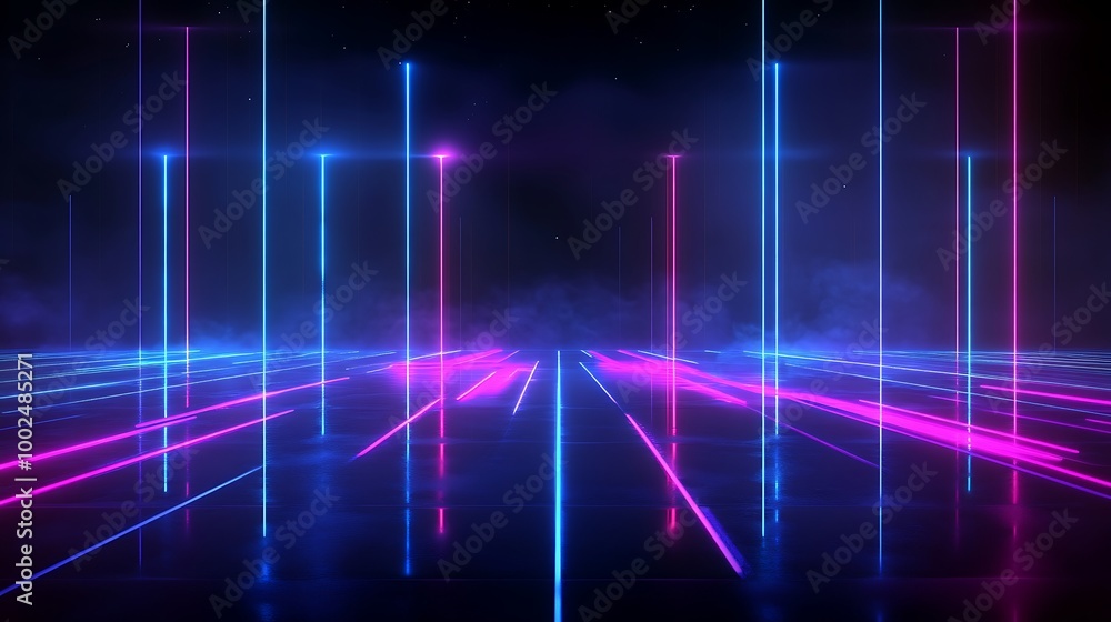 Poster abstract neon lights creating a vibrant, futuristic backdrop with colorful vertical beams on a dark 