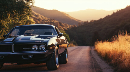 A vintage muscle car from the 1970s parked on a dusty road, with gleaming chrome and bold stripes.