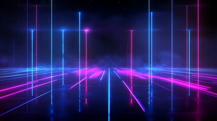 Fototapeta premium Abstract neon lights creating a vibrant, futuristic backdrop with colorful vertical beams on a dark surface.