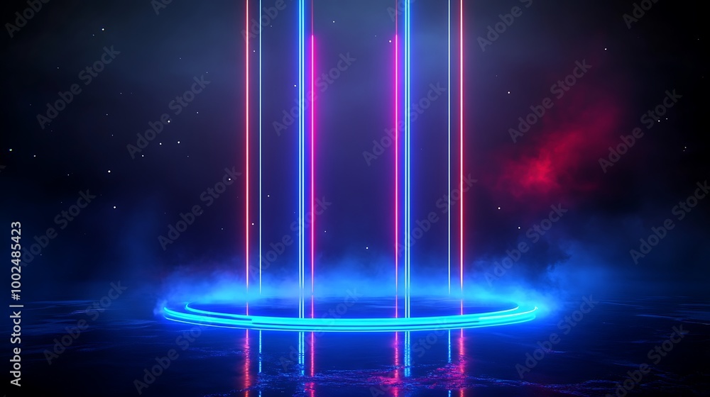 Poster abstract neon lights in a futuristic setting with glowing elements and a dark background.