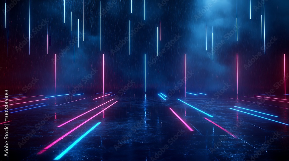 Poster abstract neon lights in a misty environment, creating a vibrant and dynamic atmosphere.