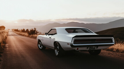A vintage muscle car from the 1970s parked on a dusty road, with gleaming chrome and bold stripes.