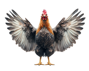 Rooster standing with open wings, isolated on white background.