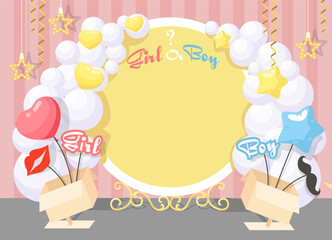 Gender party photo zone background with boy or girl decoration vector illustration. Scene for memory shooting in anticipation of baby
