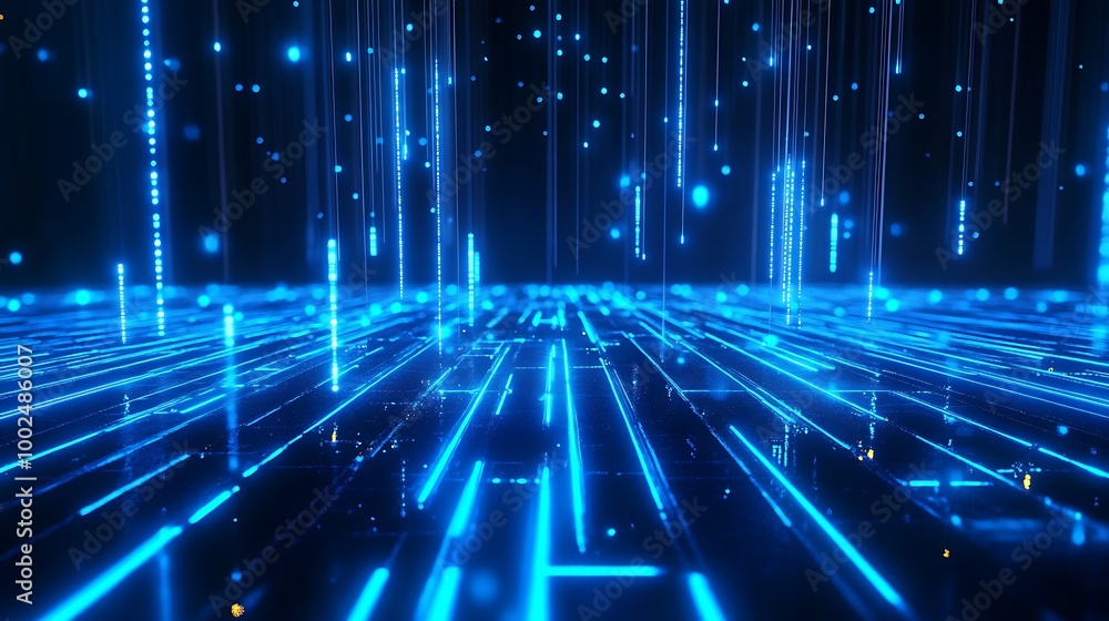 Poster abstract representation of a digital landscape with glowing blue lines and dots on a dark background