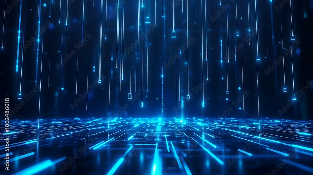 Poster abstract tech background with glowing blue lines and particles cascading in a digital landscape.