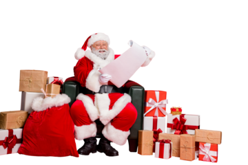 Nice cheerful cheery hard-working fat bearded man St Nicholas sitting in armchair reading address list clients want fairy miracle orders winter isolated on bright vivid shine red background