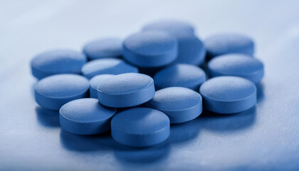 Heap of blue pills. Prescription drug. Vitamins or supplements. Painkiller, medication, health care